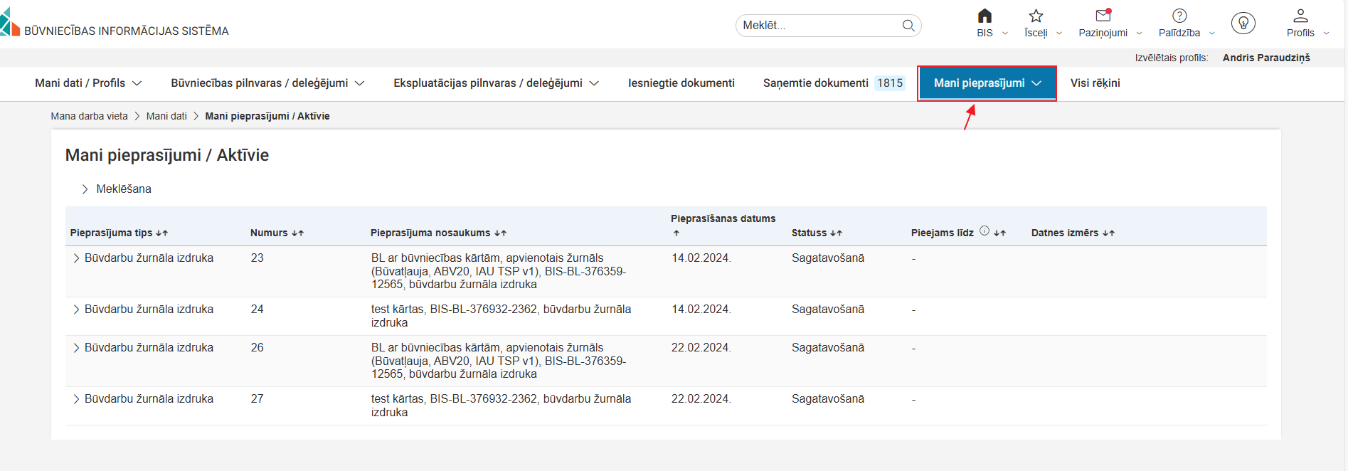 Attēls. Sadaļa %22Mani pieprasījumi%22