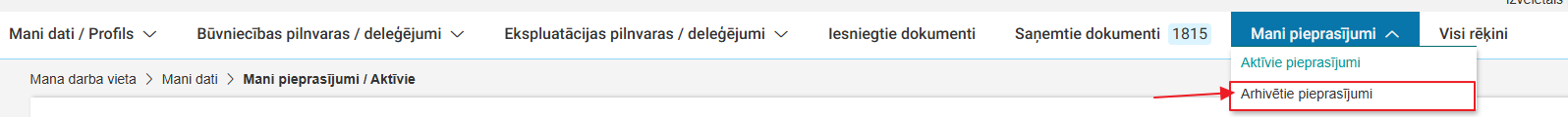 Attēls. Atvērt sadaļu %22Arhivētie pieprasījumi%22.