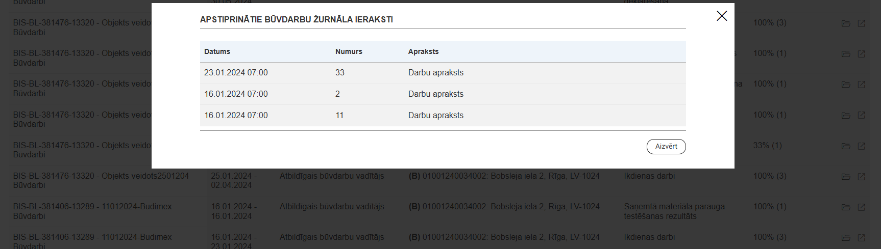 Attēls. Apstiprinātie būvdarbu žurnāla ieraksti modālajā logā.