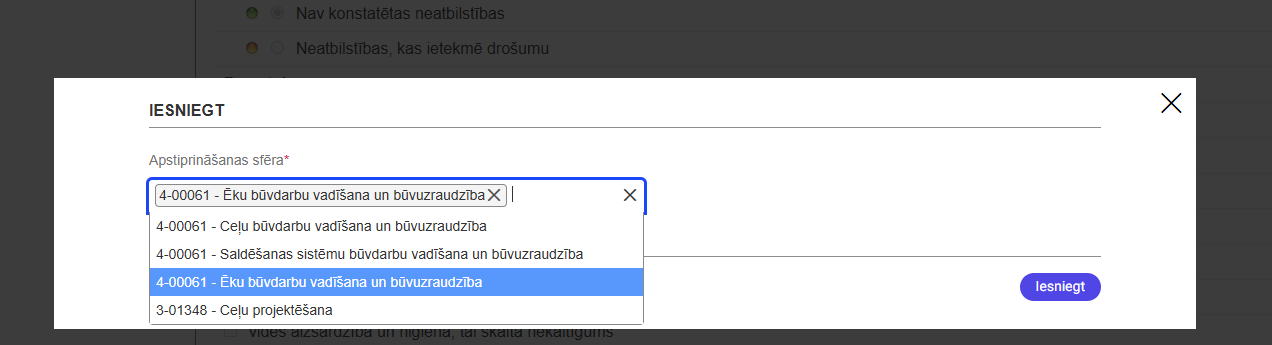 Attēls. TAA apstiprināšanas sfēras norādīšana.