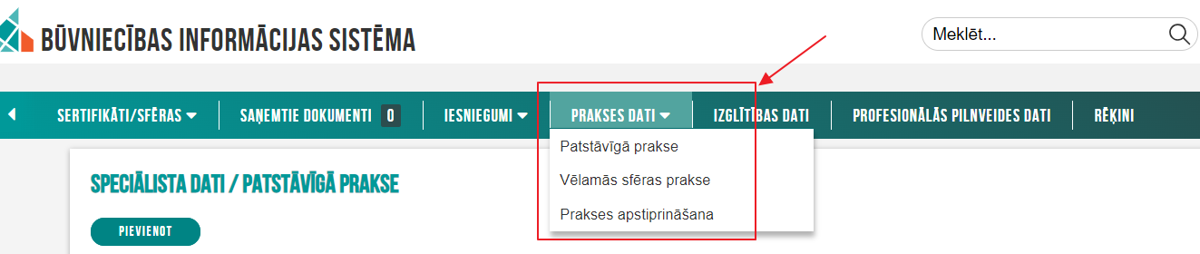 Attēls. Speciālista sadaļa %22Prakses dati%22.