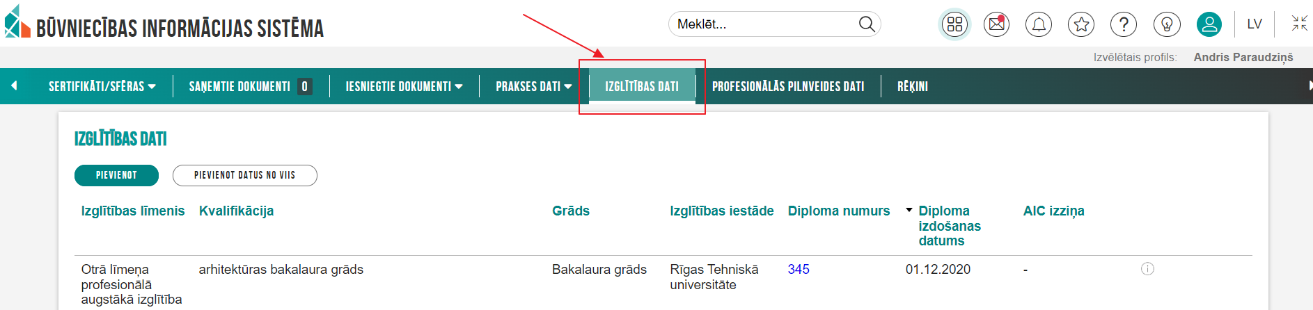 Attēls. Speciālista izglītības datu saraksta atvēršana.