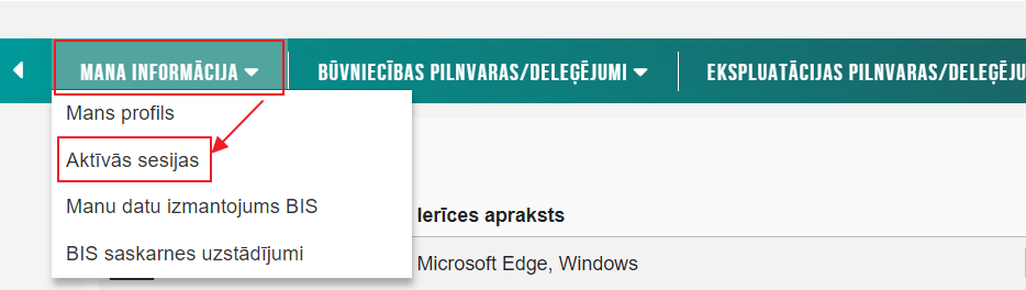 Attēls. Sadaļas %22Aktīvā sesija%22 izvēle