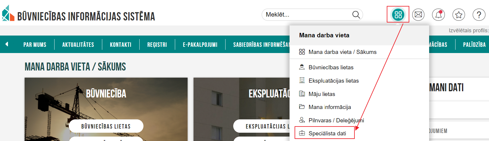 Attēls. Speciālista datu sadaļas atvēršana no galvenās izvēlnes.