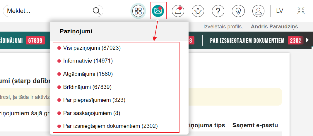 Attēls. Sadaļa %22Paziņojumi%22.