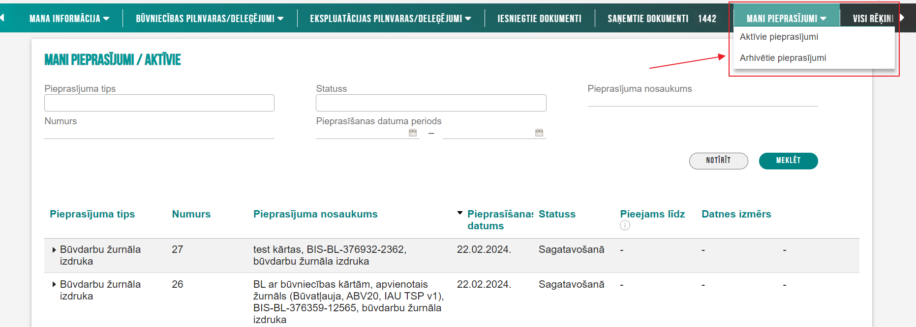 Attēls. Sadaļas MANI PIEPRASĪJUMI saraksts.