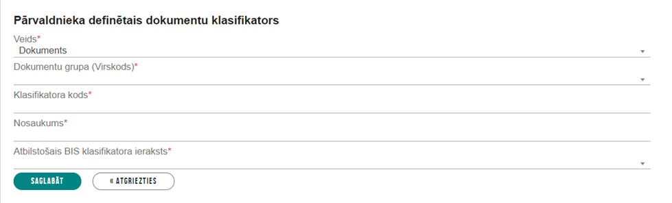 Attēls. Pārvaldnieka definēto dokumentu klasifikatora ievade.