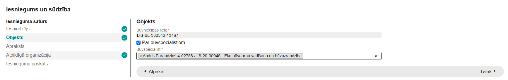 Attēls. Būvspeciālista norādīšana sūdzības iesniegumā par konkrētu būvniecības lietu.