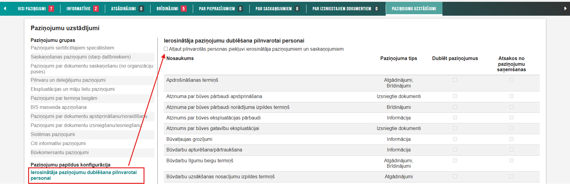 Attēls. Iespēja uzstādīt pilnvarotai personai piekļuvi ierosinātāja paziņojumiem un saskaņojumiem.