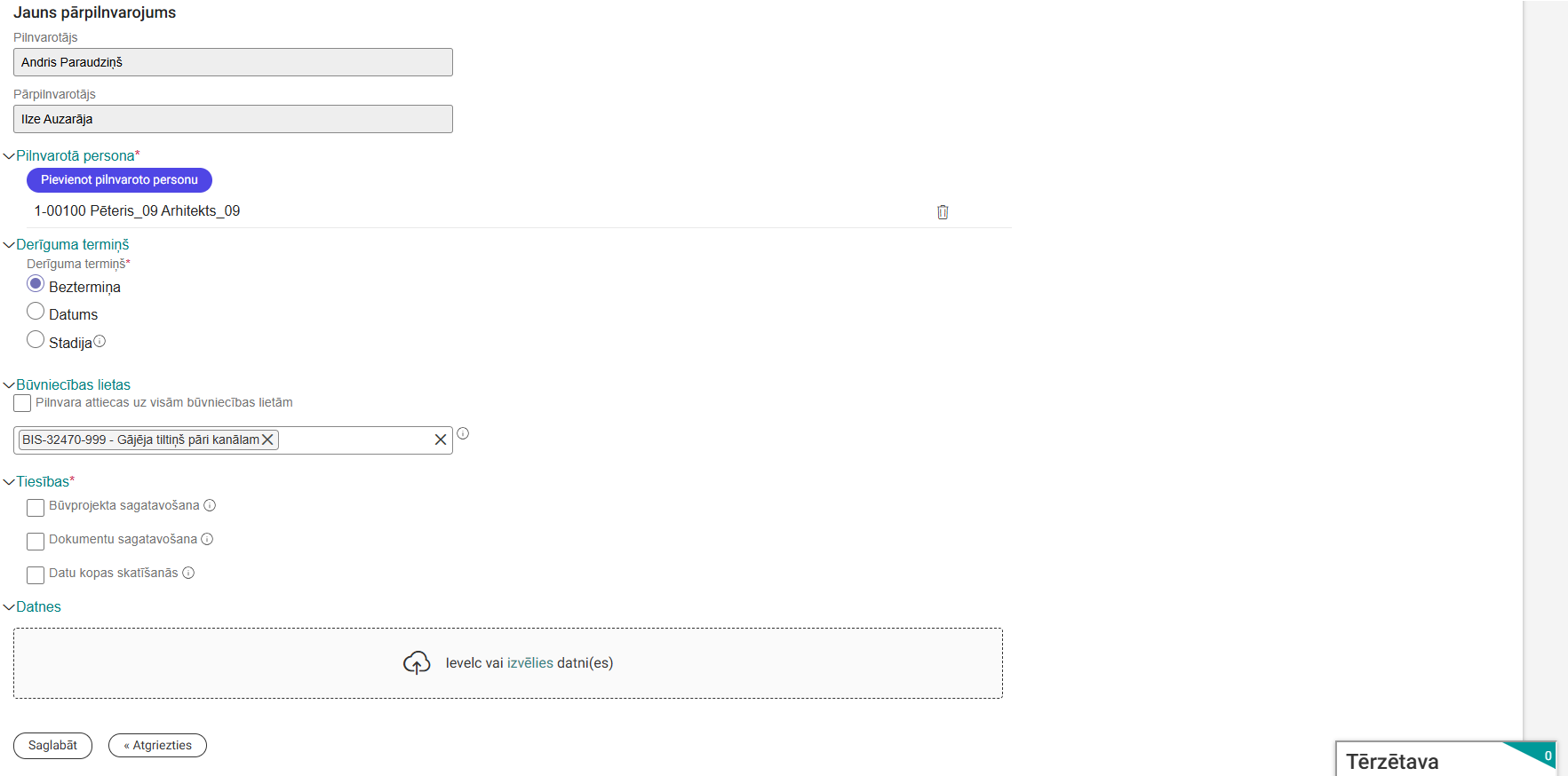Attēls. Pārpilnvarojuma izveide.