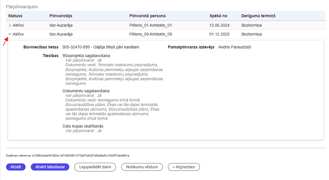 Attēls. Pārpilnvarojuma detalizēts skats izsniegtajā pamata pilnvarā.