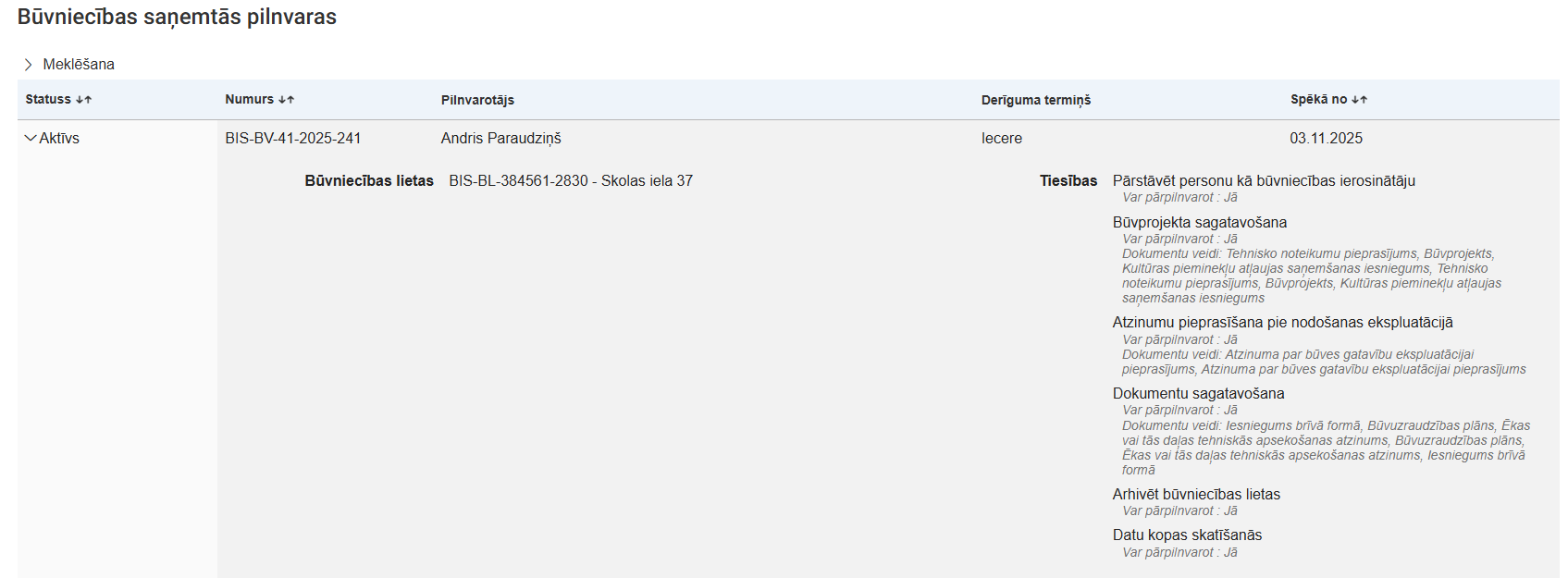 Attēls. Pilnvaras izvērstais skats.