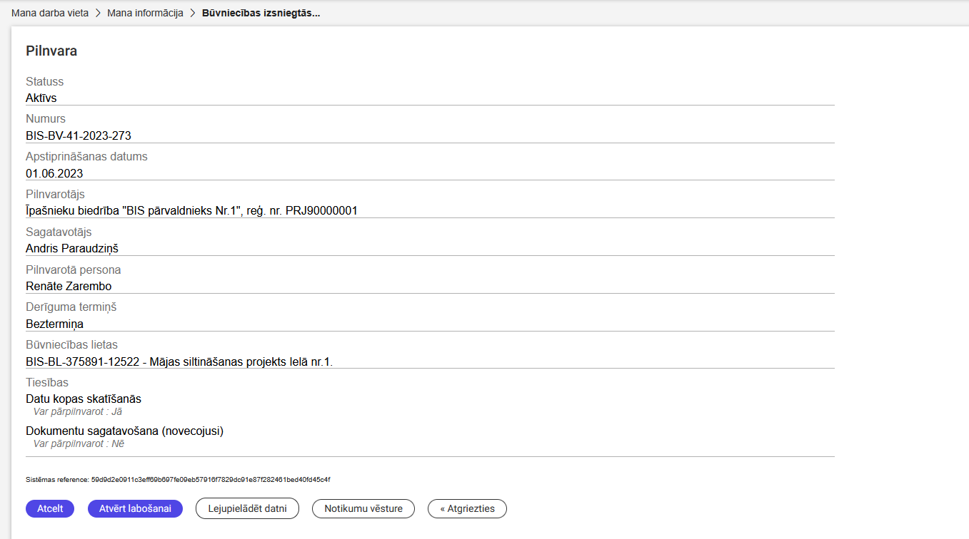 Attēls. Izsniegtās pilnvaras detalizētais skats.