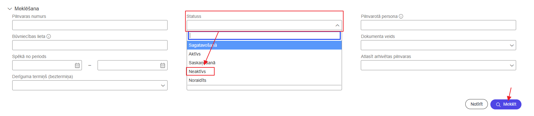 Attēls. Pilnvaru meklēšana pēc statusa.