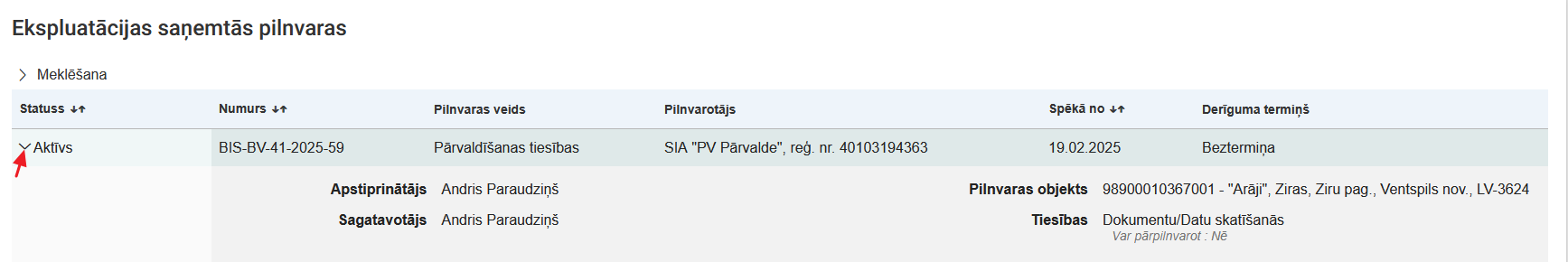 Attēls. Izvērstas pilnvaras informācija.
