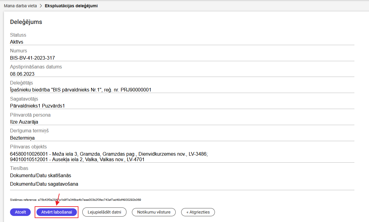 Attēls. Deleģējuma labošanas opcija.