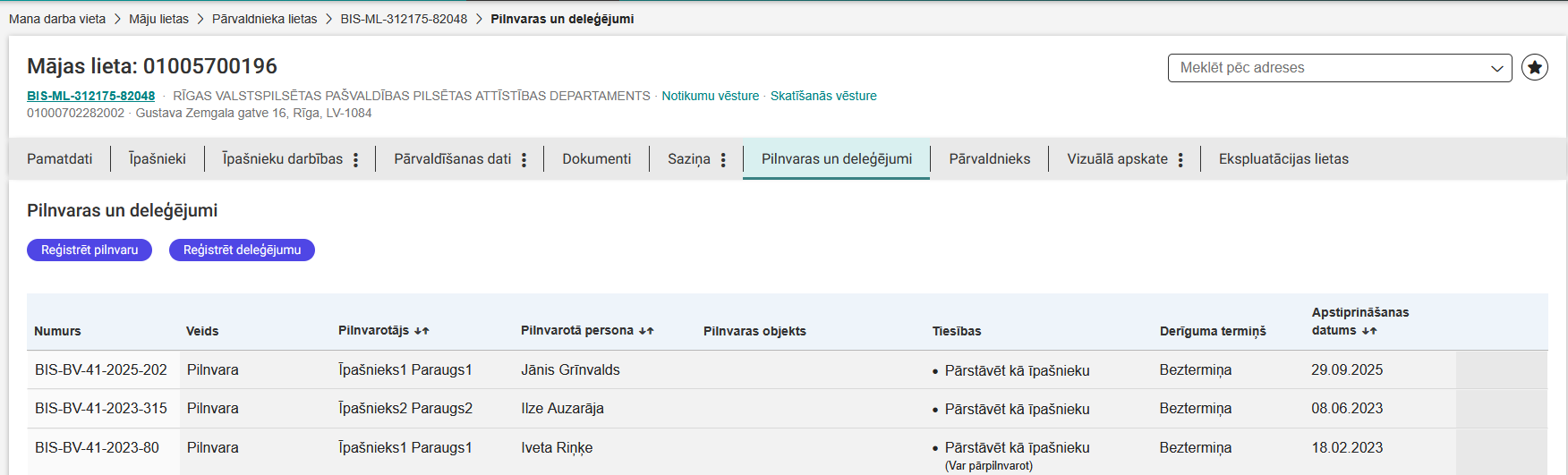 Attēls. Pilnvaru un deleģējumu reģistrēšanas opcijas %22Māju lietā%22.
