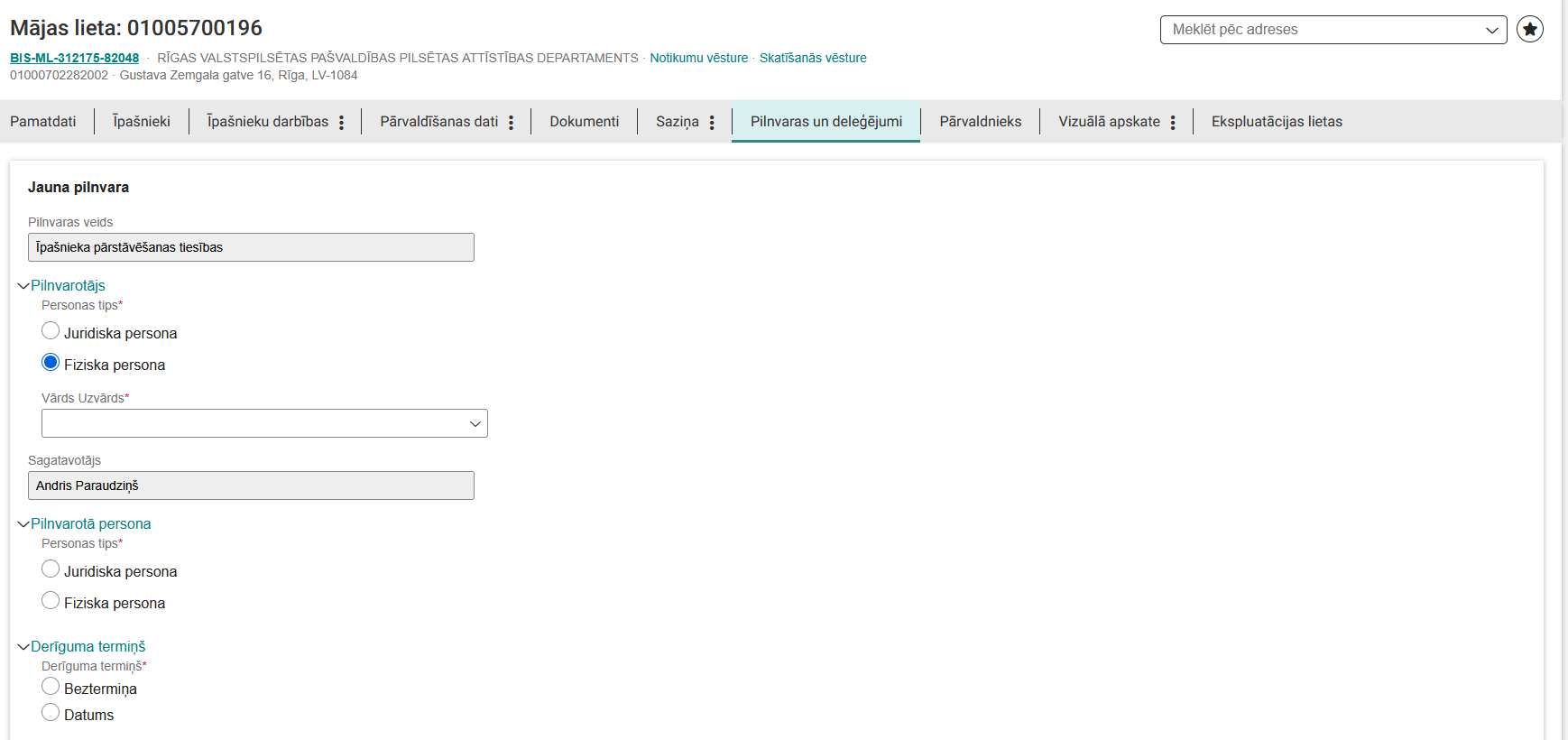 Attēls. Īpašnieka pārstāvēšanas tiesības reģistrēšana no Māju lietas.