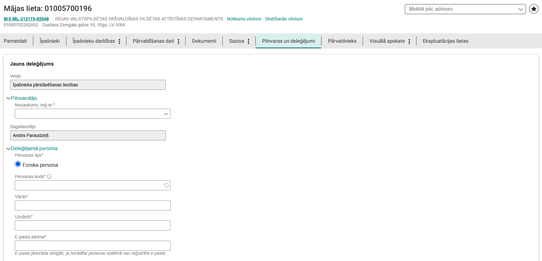 Attēls. Deleģējuma reģistrēšana no Māju lietas.