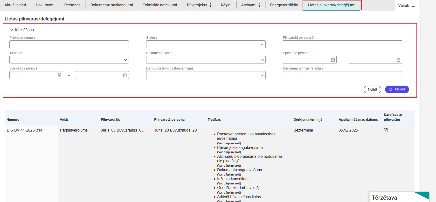 Attēls. Meklēšanas bloks sadaļā %22Lietas pilnvaras un deleģējumi%22.