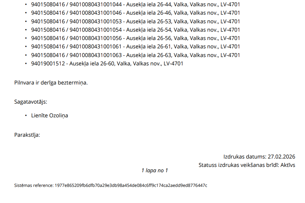 Attēls. Īpašnieka pārstāvēšanas tiesību deleģējums - izdrukas paraugs.