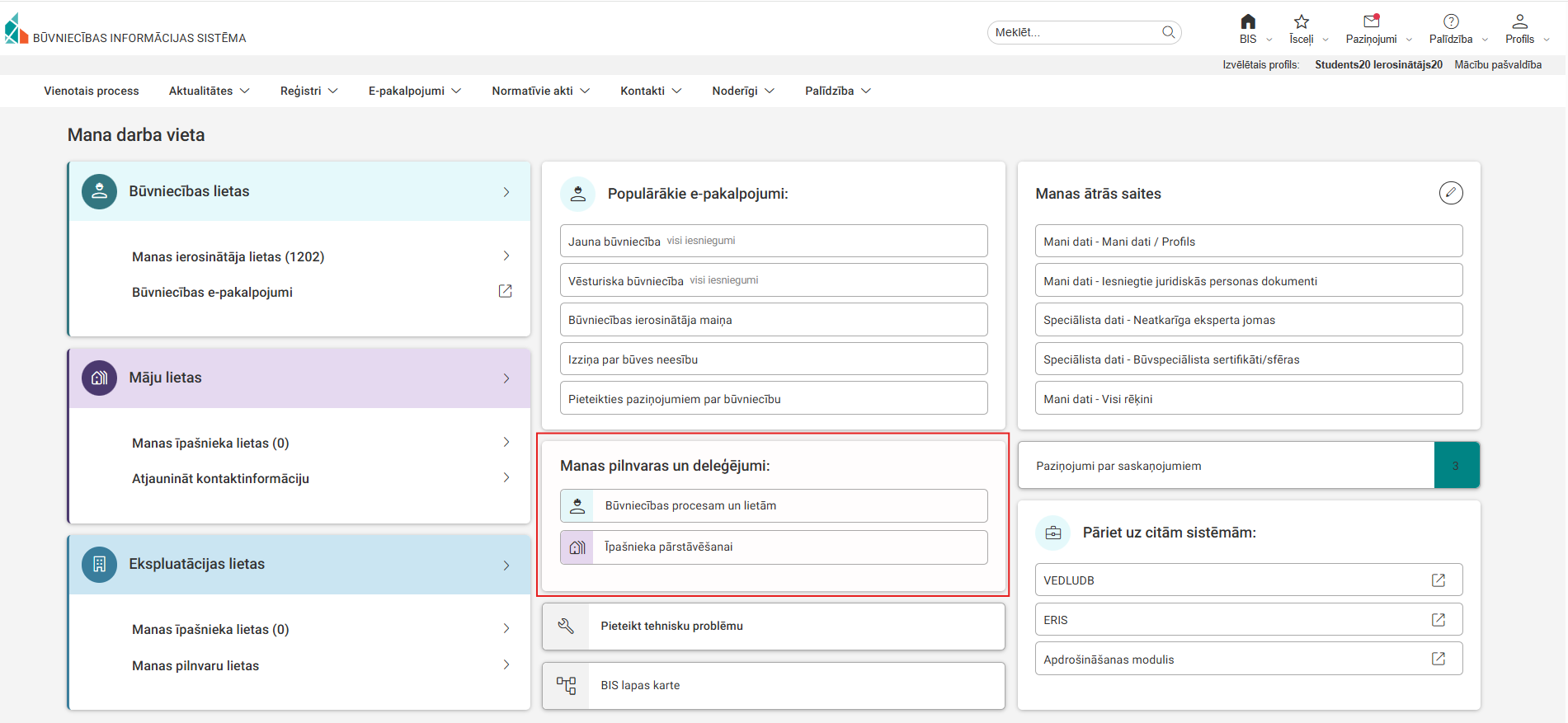 Attēls. Bloks %22Manas pilnvaras%22un deleģējumi%22 galvenajā panelī %22Mana darba vieta%22Mana darba vieta%22.