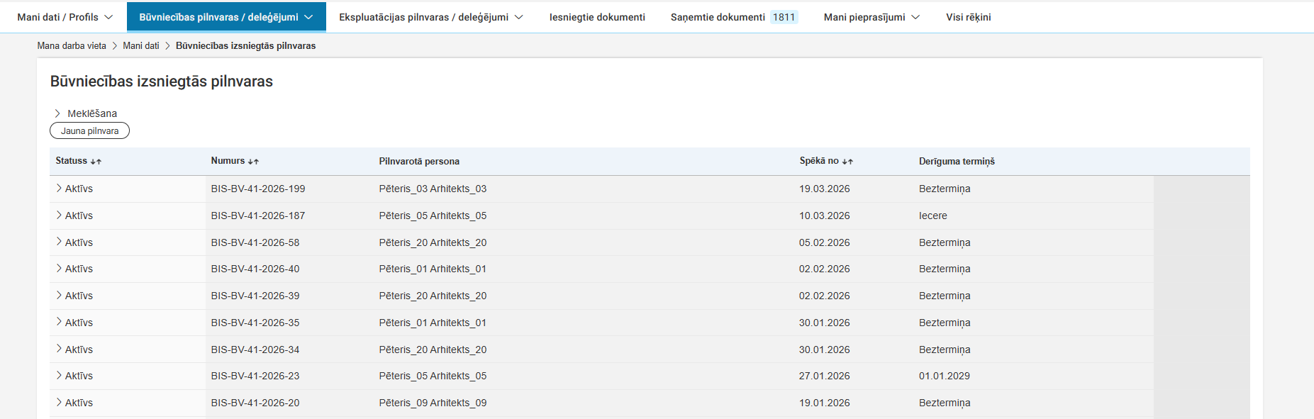 Attēls. Būvniecības izsniegto pilnvaru saraksts.