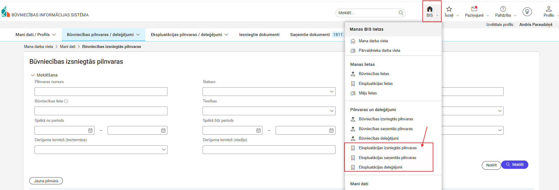 Attēls. Ekspluatācijas pilnvaras/deleģējumu izvēlne.