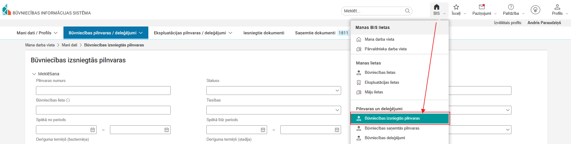 Attēls. Atvērt Būvniecības izsniegto pilnvaru sadaļu, lai uzsāktu jaunas pilnvaras veidošanu.