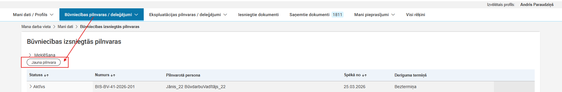 Attēls. Jaunas pilnvaras pievienošanas opcija.