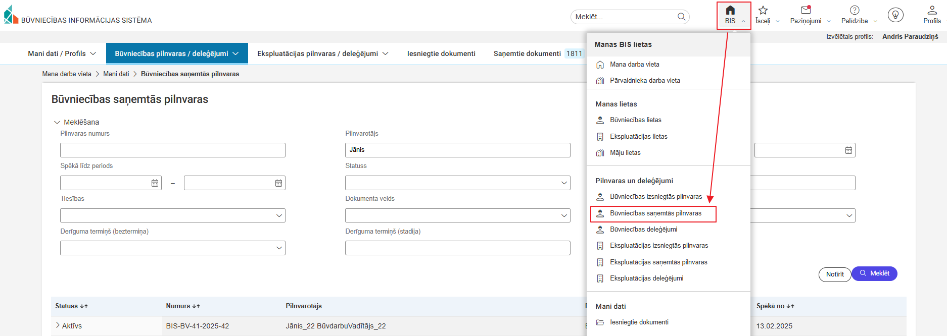 Attēls. Atvērt Būvniecības saņemto pilnvaru sarakstu.