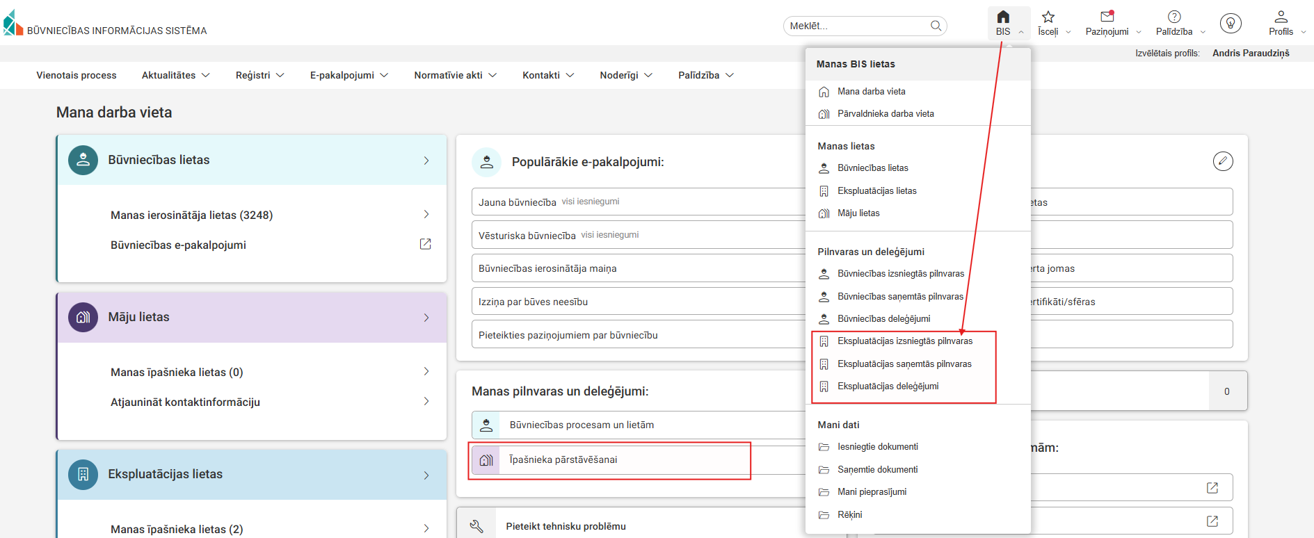 Attēls. Ekspluatācijas lietu pilnvaru un deleģējumu izvēlnes.