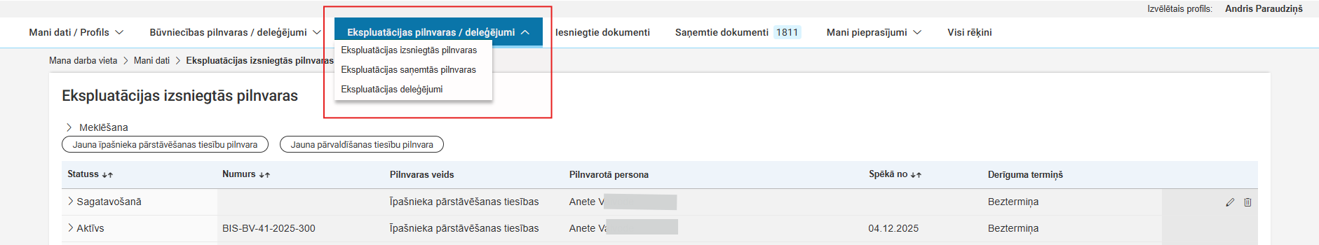 Attēls. Ekspluatācijas pilnvaru/deleģējumu izvēlne