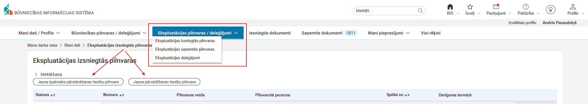 Attēls. Ekspluatācijas pilnvaru izveidošanas opcijas.