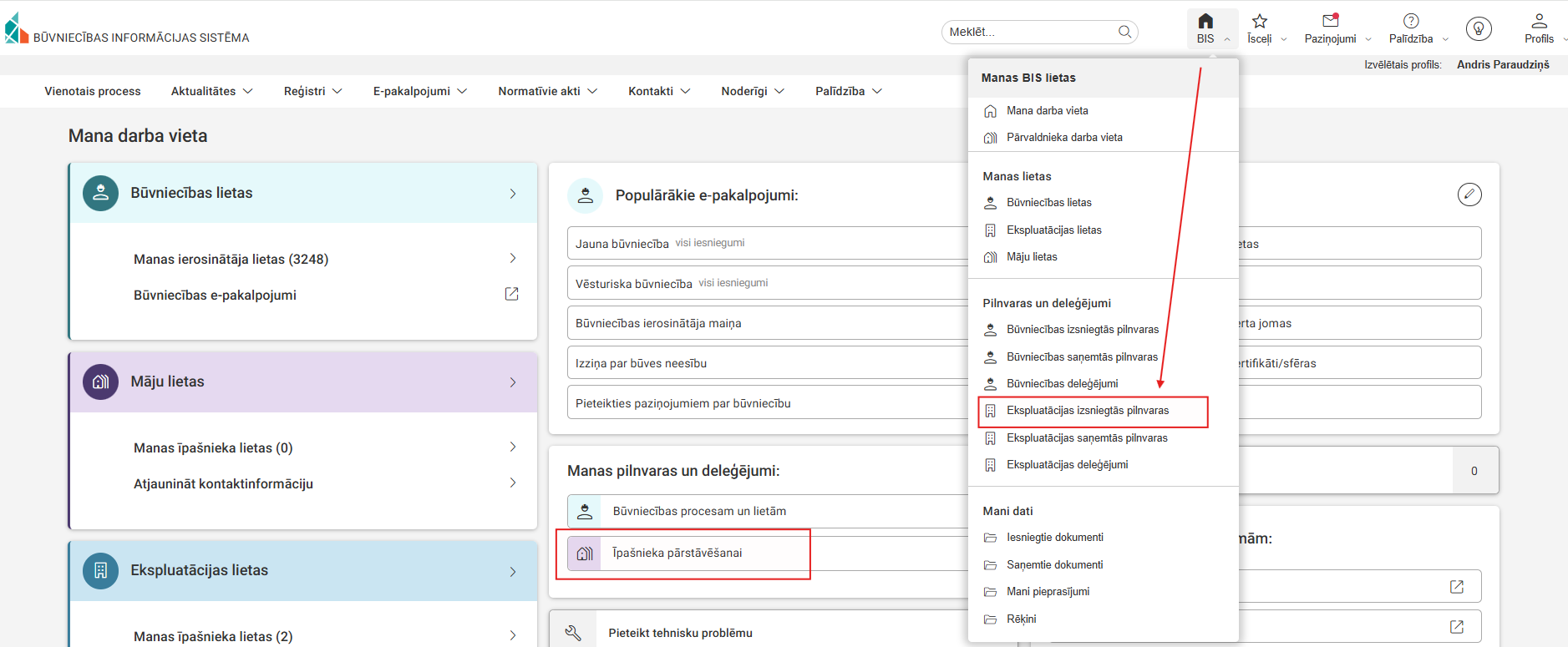 Attēls. Ekspluatācijas izsniegto pilnvaru sarakstu atvēršana.