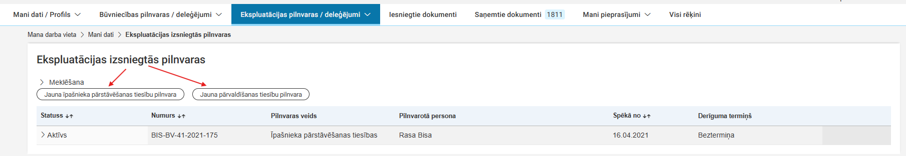 Attēls. Ekspluatācijas izsniegto pilnvaru saraksts un jaunas pilnvaras izveidošanas opcijas.