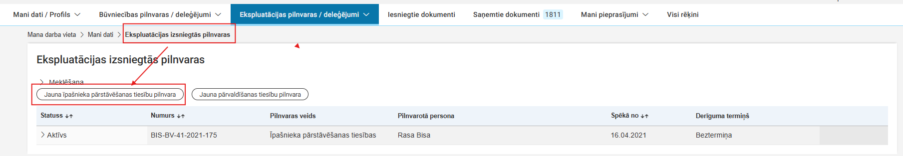 Attēls. Kā uzsākt jauna īpašnieka pārstāvēšanas tiesību pilnvaras izveidošanu.