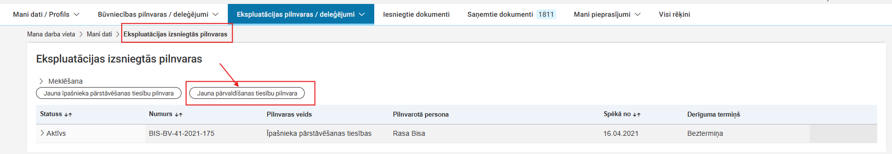 Attēls. Uzsākt jaunu pārvaldīšanas tiesību pilnvaras izveidošanu.
