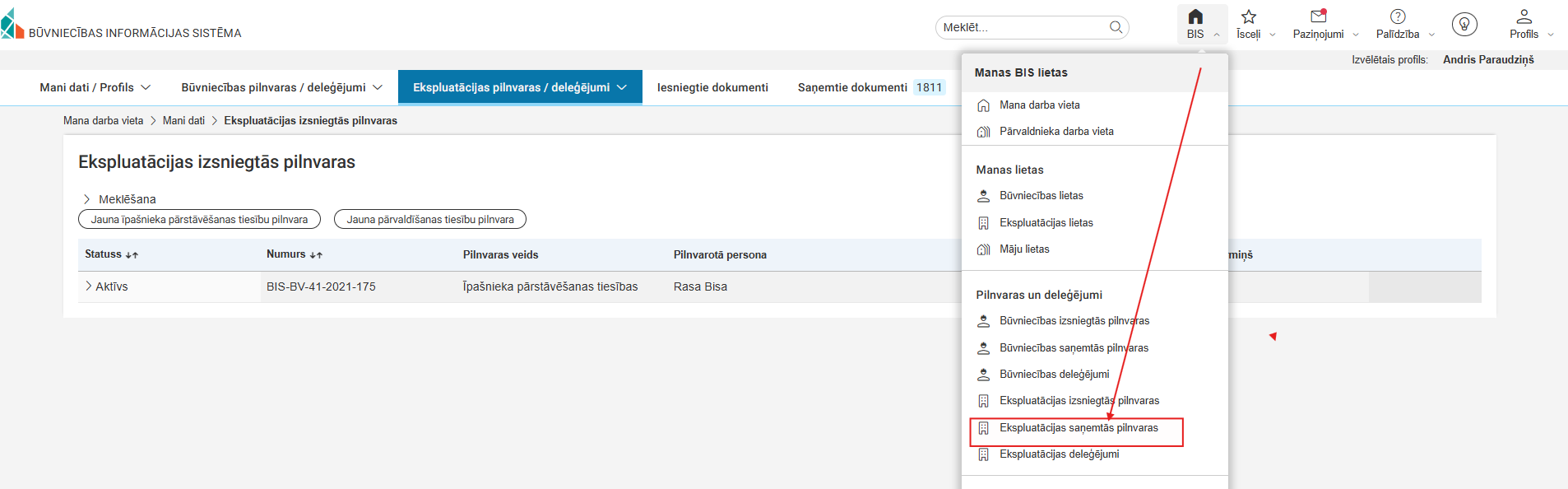 Attēls. Atvērt sadaļu %22Ekspluatācijas saņemtās pilnvaras%22.