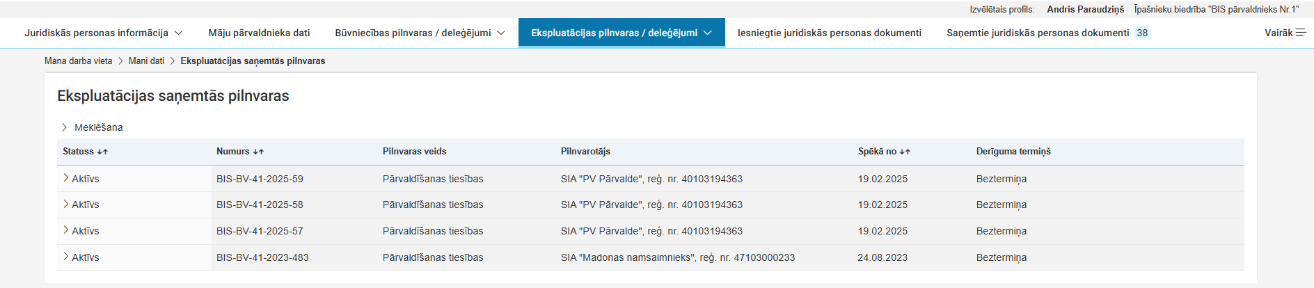Attēls. Ekspluatācijas saņemto pilnvaru saraksts.