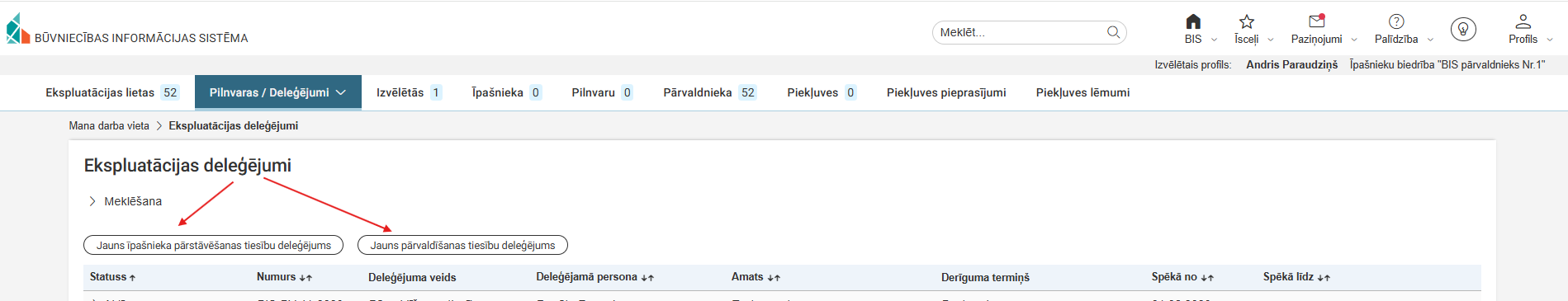 Attēls. Ekspluatācijas deleģējumu sarakstā opcijas izveidot jaunu deleģējumu.