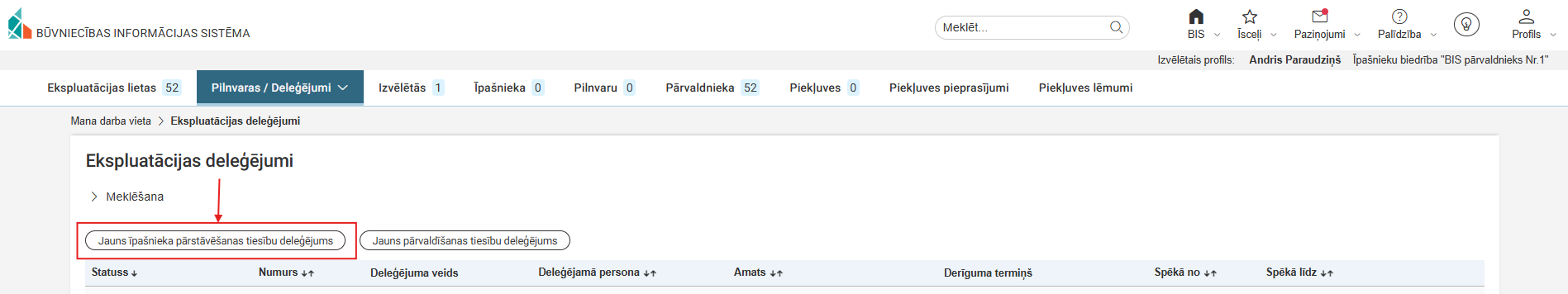 Attēls. Īpašnieka pārstāvēšanas tiesību deleģējumu izveidošanas opcija.