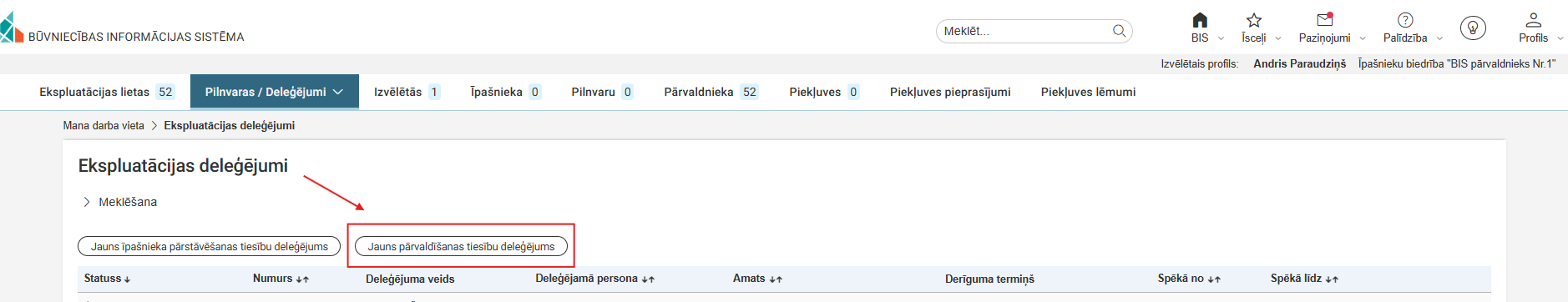 Attēls. Pārvaldīšanas tiesību deleģējuma izveidošanas opcija