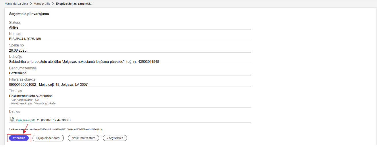 Attēls. Atteikšanās opcija saņemtajā pilnvarā.