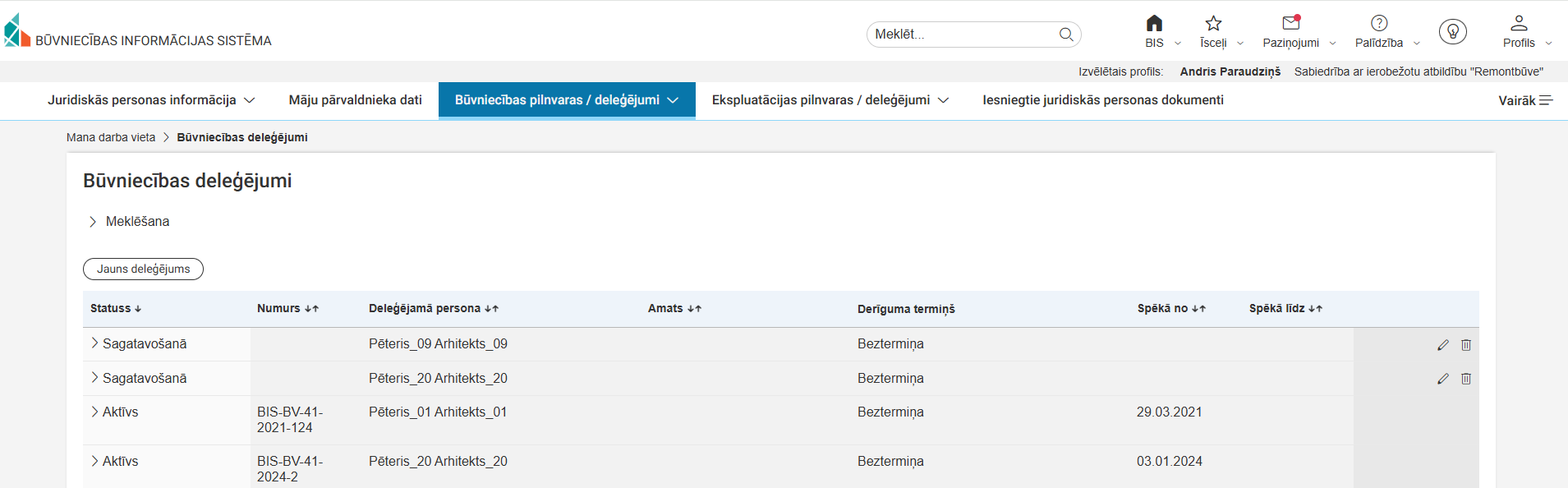 Attēls. Būvniecības deleģējumu sadaļa.
