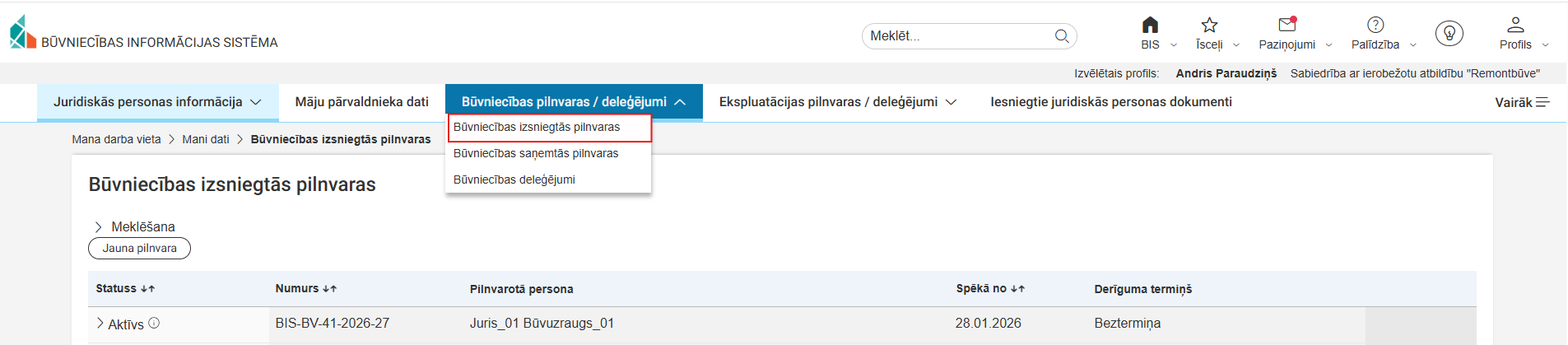 Attēls. Būvniecības izsniegto pilnvaru saraksts.