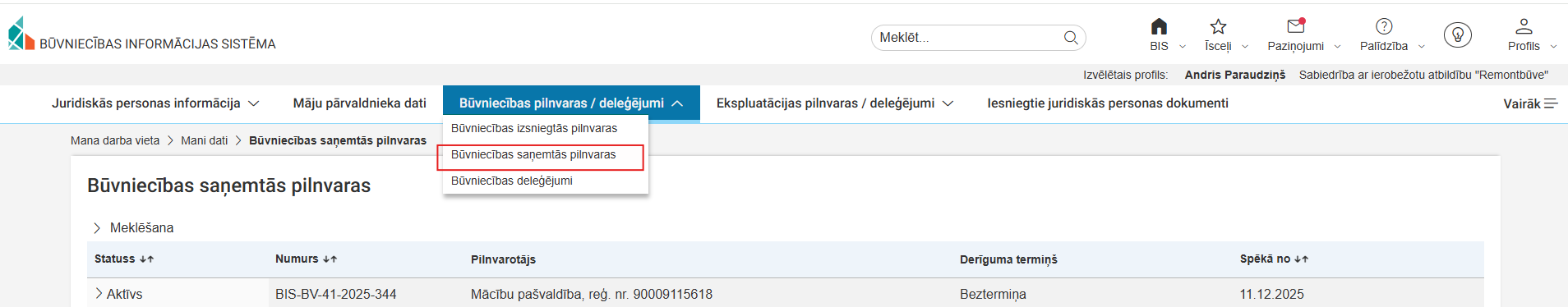 Attēls. Būvniecības saņemto pilnvaru saraksts.