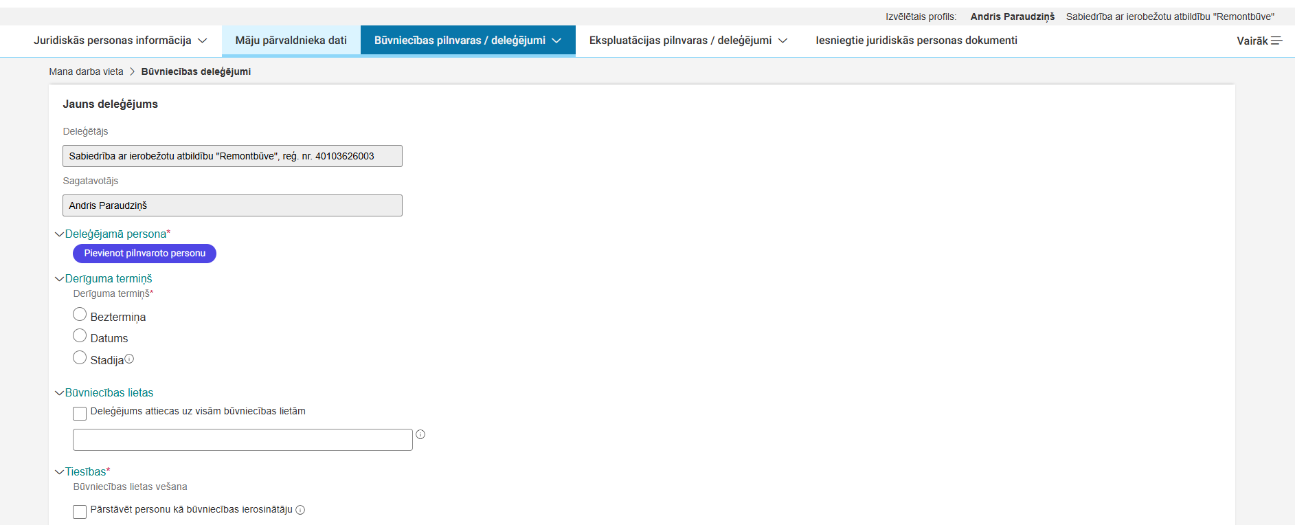 Attēls. Jauna deleģējuma izveidošanas forma.