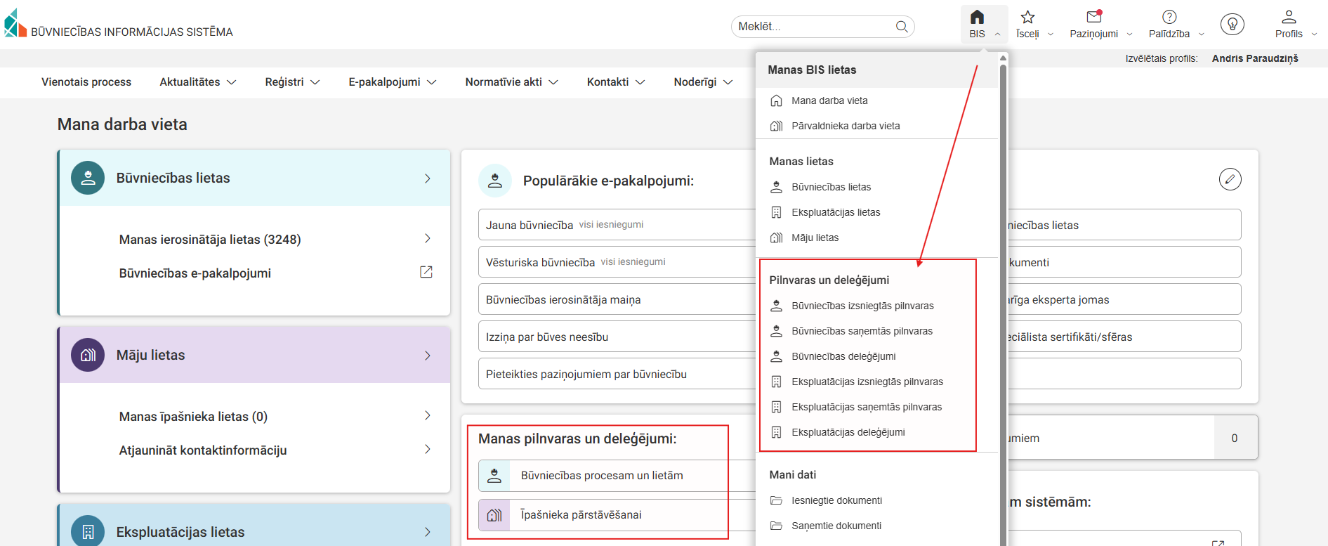Attēls. Pilnvaru/deleģējumu sadaļas izvēle.