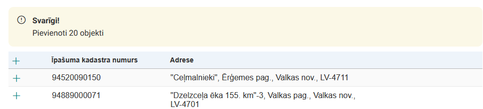 Attēls. Informācija par pieviento objektu skaitu.